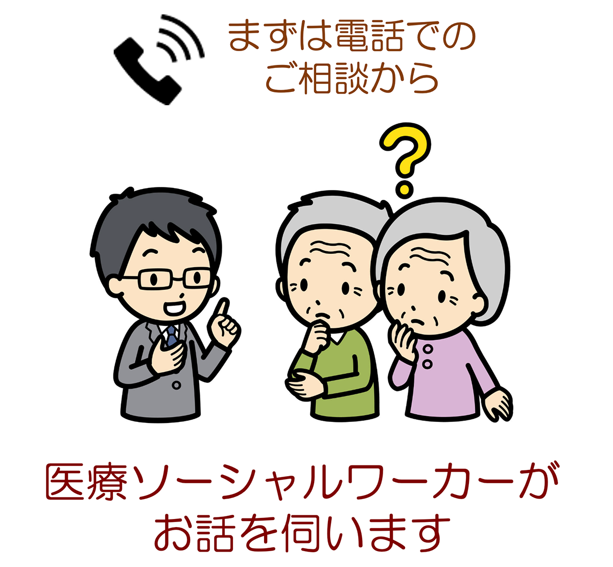 まずは電話でのご相談から 医療ソーシャルワーカーがお話を伺います